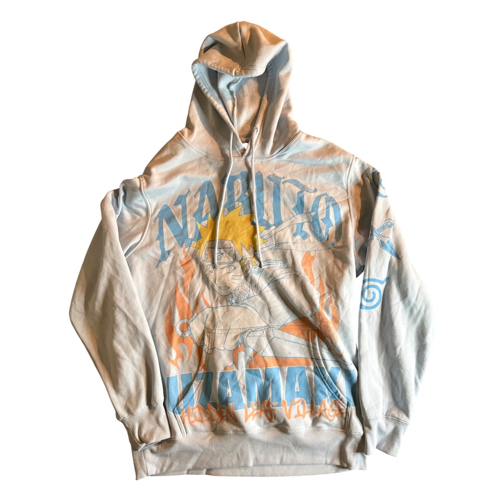 Naruto Shippuden Uzumaki Graphic Hoodie Mens L Light Blue Hidden Leaf Village